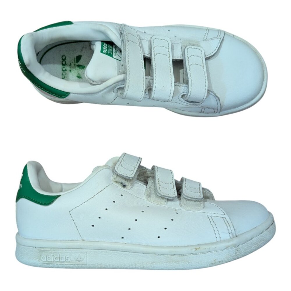 adidas Kids White Sneakers with Green Heel Tab - Velcro Straps